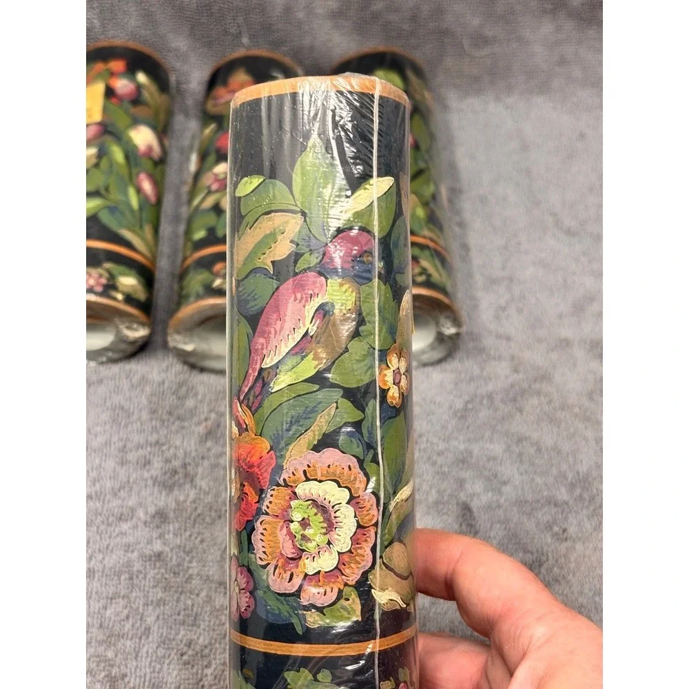 Vtg Country Cottage Floral Wallpaper Border Black Botanical Birds 4 Rolls 20 yds